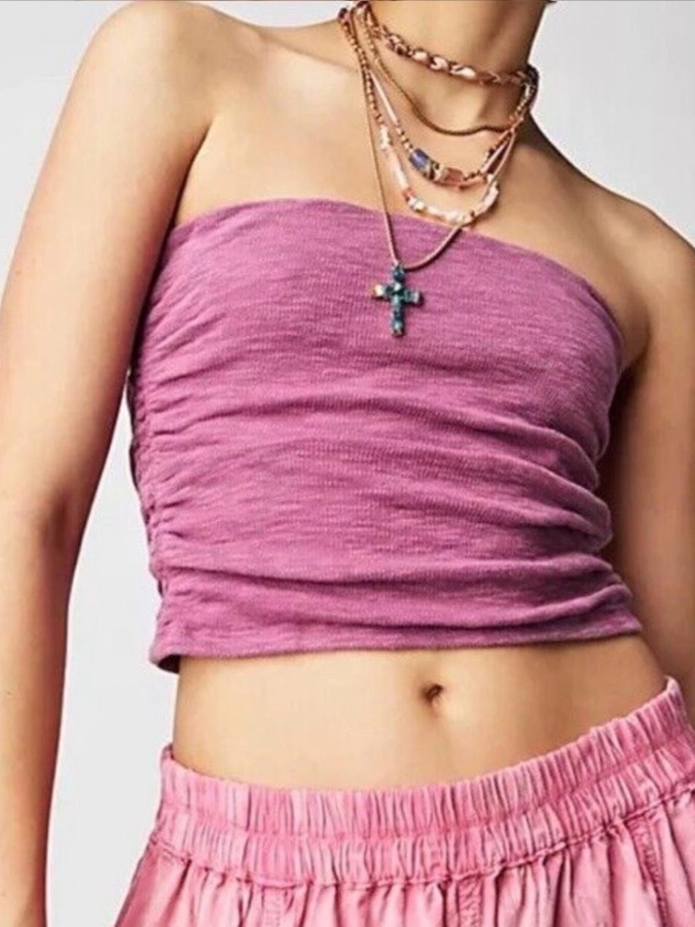 Free People Boulevard Mauve Tube Top Ruched Textured Knit Strapless Crop Boho